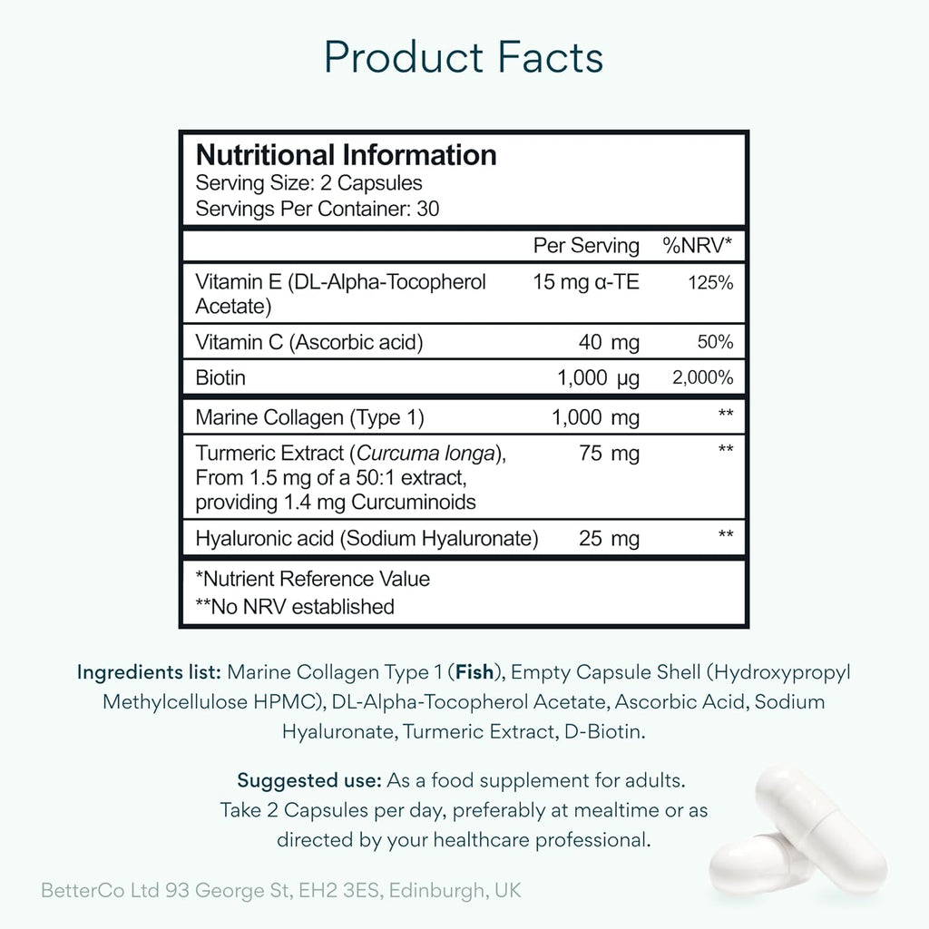 Bettervits Collagen Complex with Hyaluronic Acid and Vitamin C | Marine Collagen Supplements for Women and Men with Biotin | High-Strength Vitamin E for Skin, Hair, Nails, Joint Health - 60 Capsules