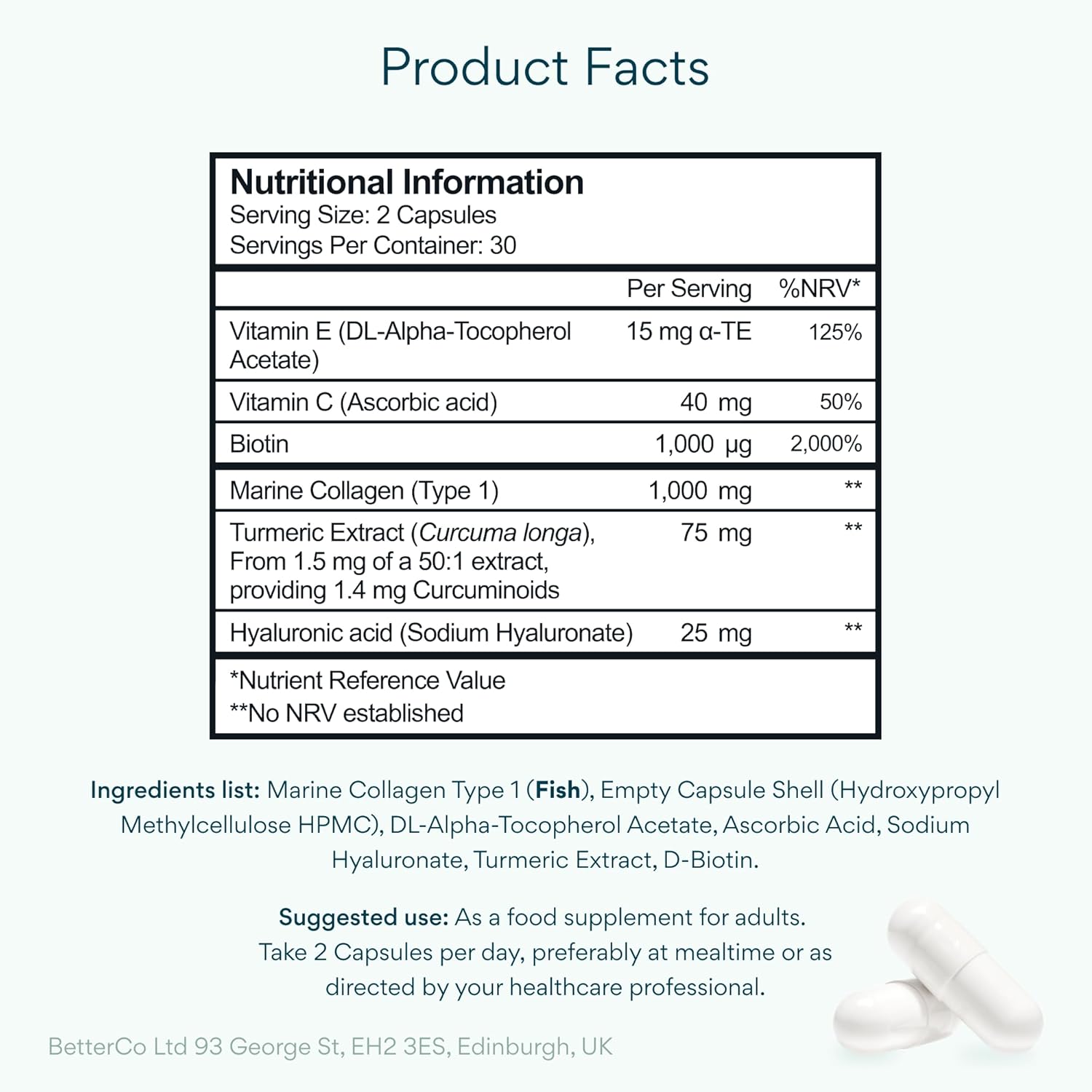 Bettervits Collagen Complex with Hyaluronic Acid and Vitamin C | Marine Collagen Supplements for Women and Men with Biotin | High-Strength Vitamin E for Skin, Hair, Nails, Joint Health - 60 Capsules